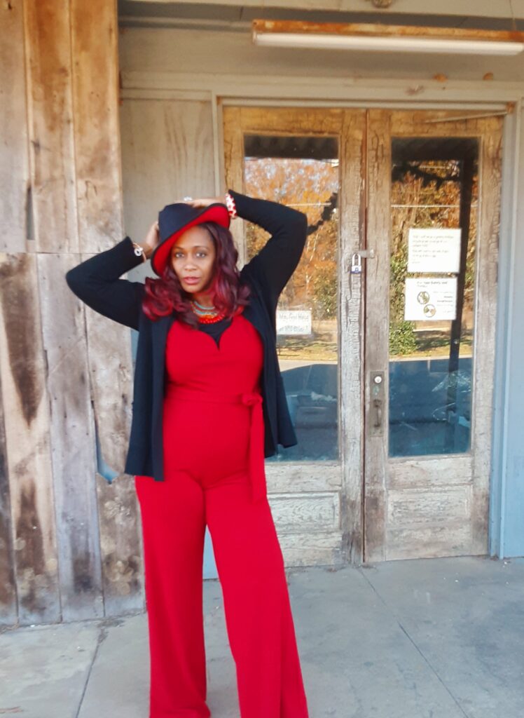 teacher fall fashion red jumpsuit