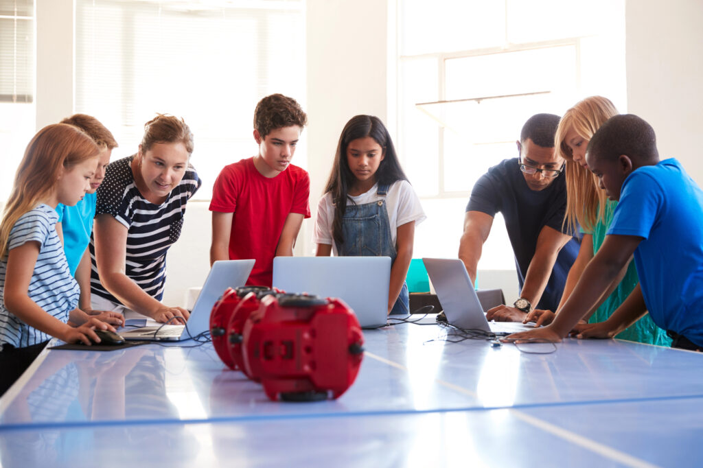 Students doing coding in the classroom