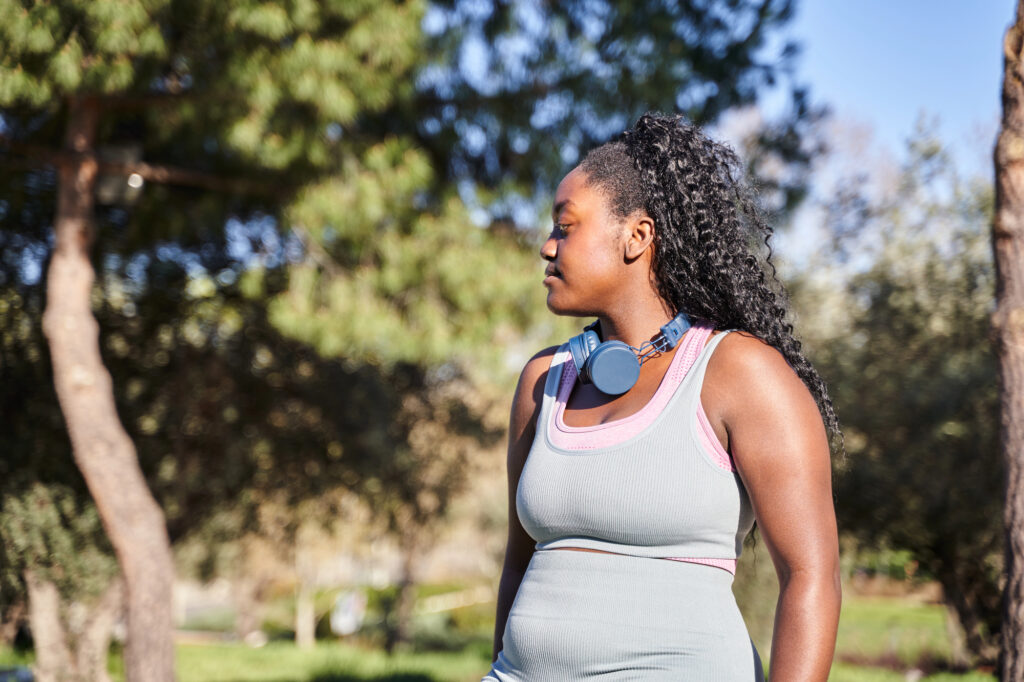 African American woman walking in nature